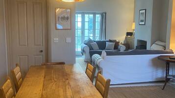 Smart TV, fireplace, books