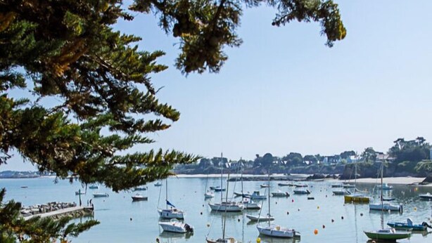A beach with numerous boats anchored in calm waters, surrounded by trees and a distant shoreline. -  In a green setting close to the ocean  (Saint-Molf)