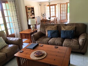 Télévision, cheminée, lecteur de DVD, livres