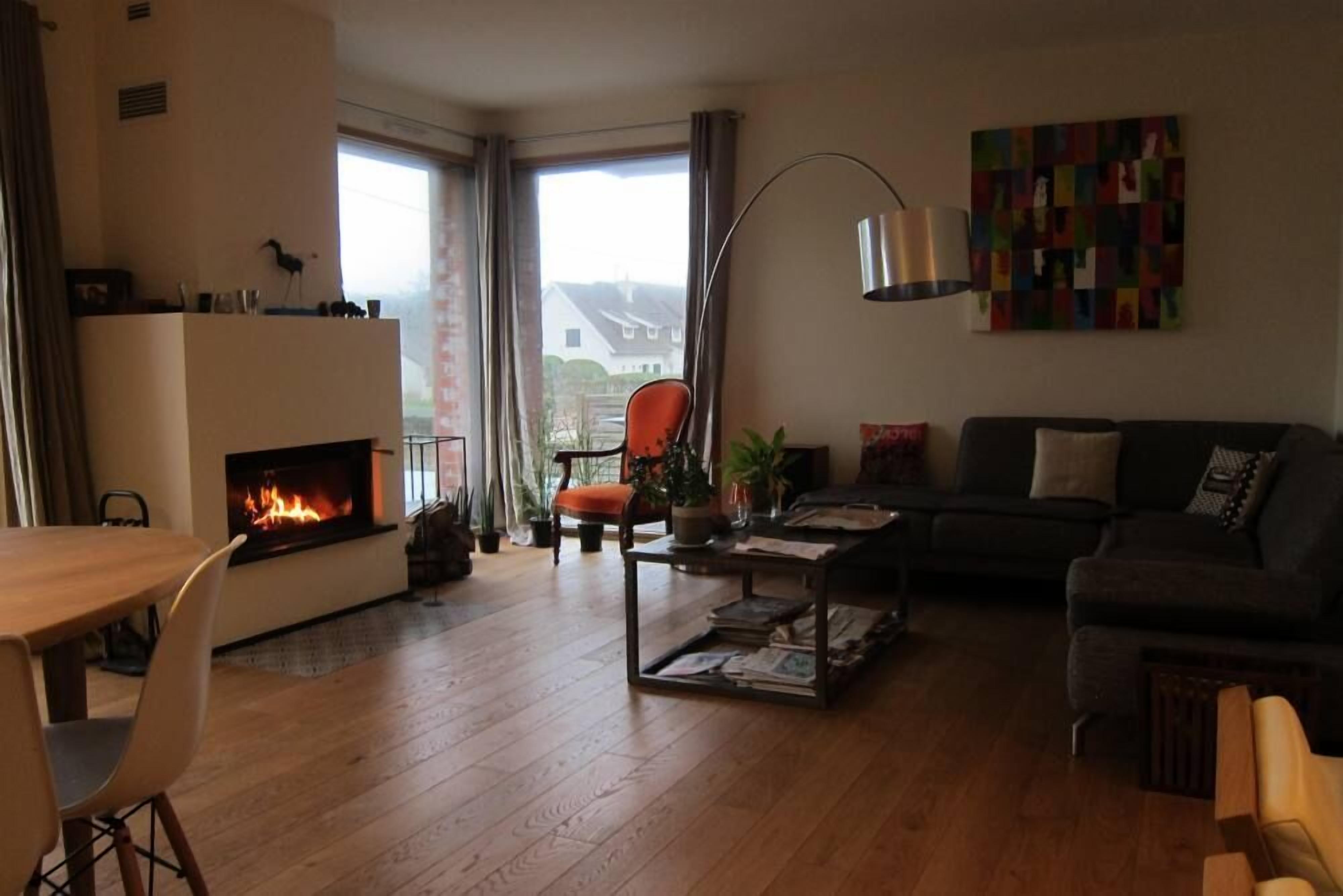 Televisión, chimenea, reproductor de DVD y estéreo 