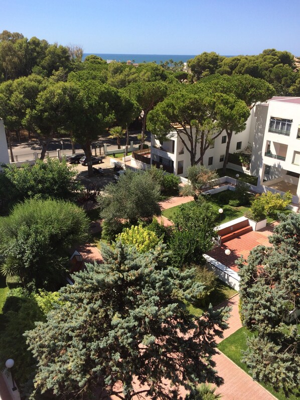Un patio con árboles, un edificio pequeño y vista al mar.