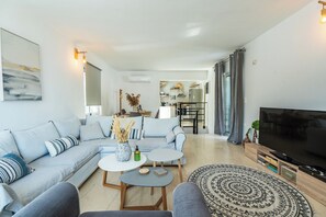 Smart TV, fireplace, DVD player, books