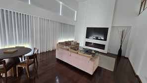 Smart TV, fireplace, DVD player, books