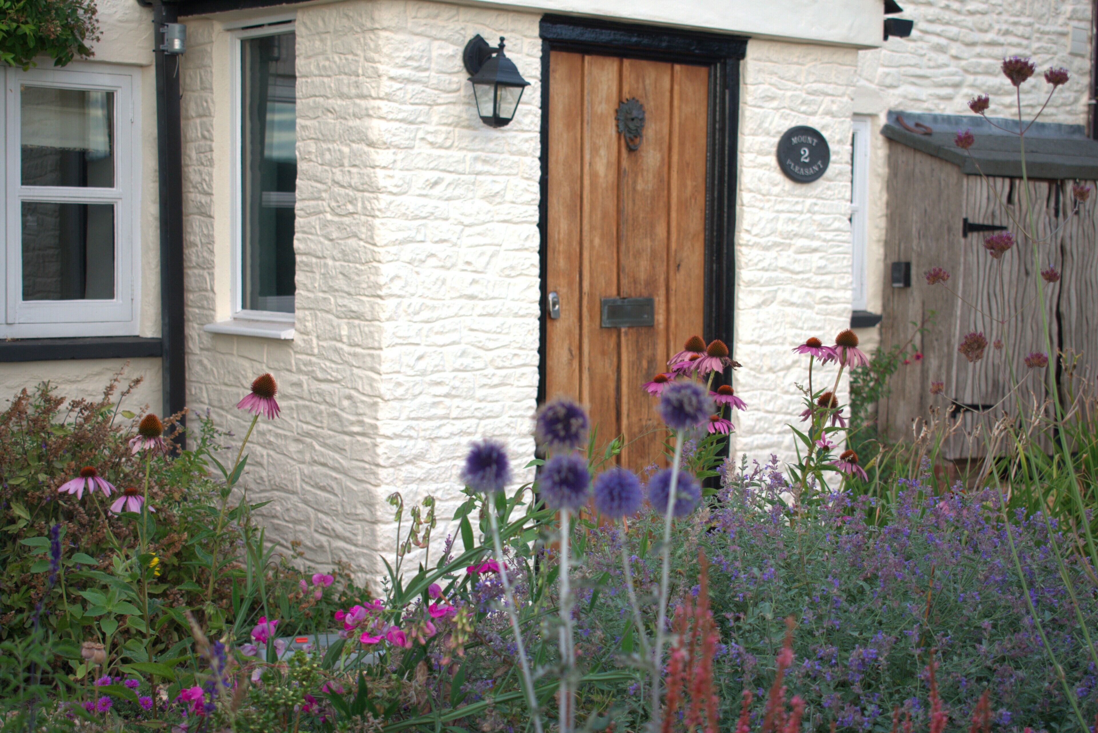 A quaint cottage with a wooden door, a white textured wall, and a garden with various flowers.
