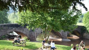 Un área de picnic junto al río con puentes de piedra, mesas de picnic y plantas en macetas.