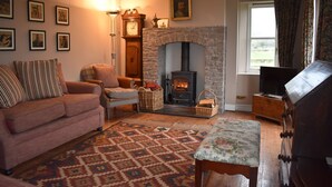 Una sala de estar acogedora con chimenea, un sofá, un sillón y un televisor.