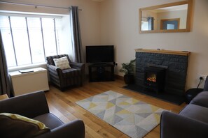 TV, fireplace, books