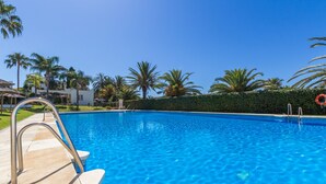 Une piscine à l’eau d’un bleu cristallin, entourée de palmiers et d’une haie.