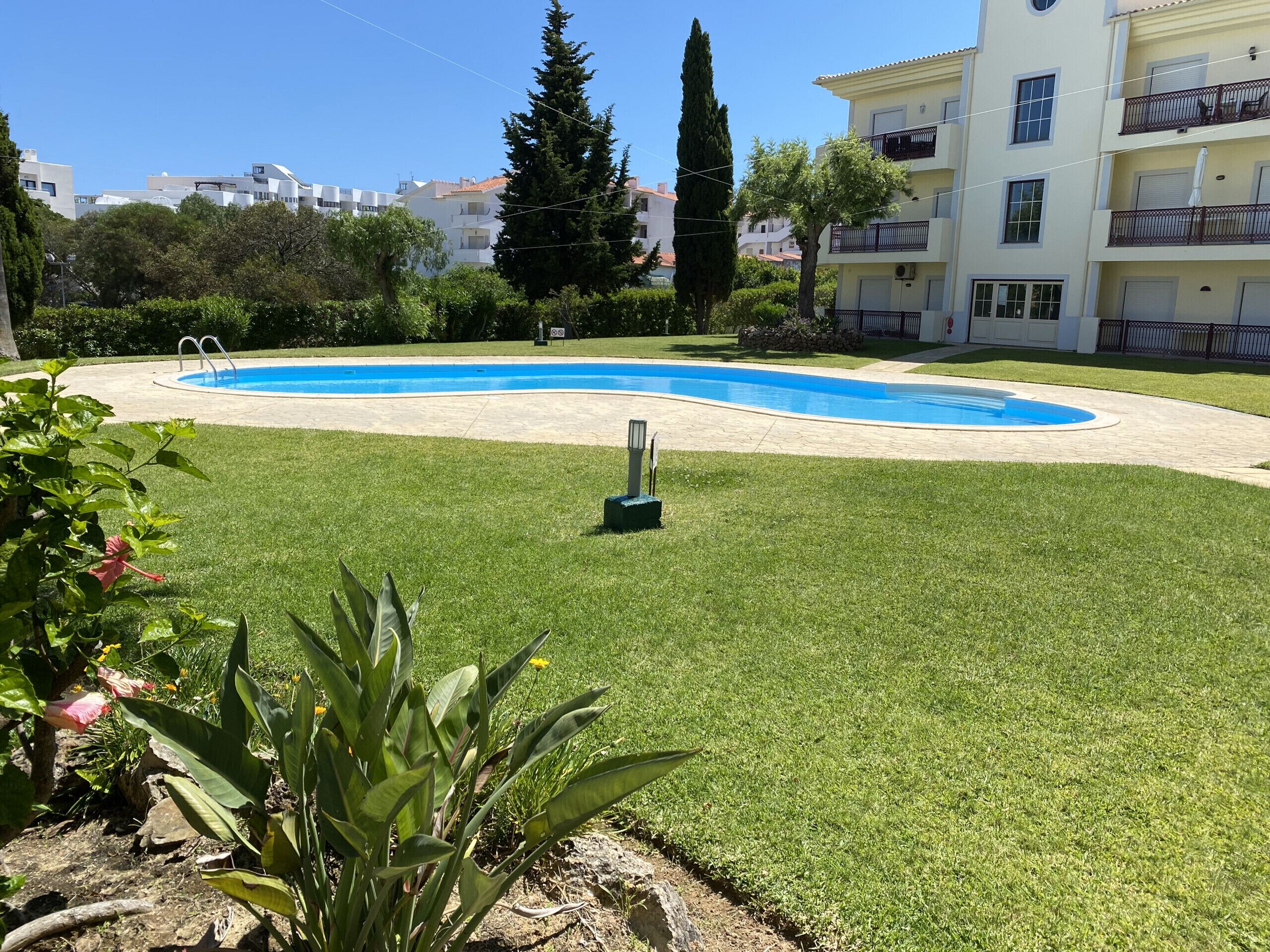 A residential area with a swimming pool, well-maintained lawn, and apartment buildings in the background.