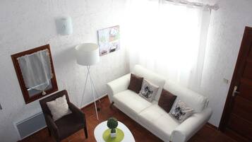 TV, fireplace, books, offices