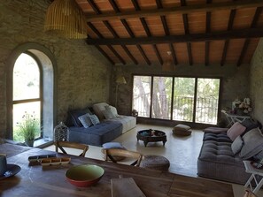 TV connectée, cheminée, lecteur de DVD, table de tennis de table