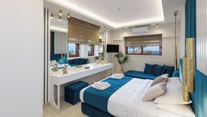 A modern bedroom with a large bed, a bedside table, a desk, and a large mirror. - Villa Belle, Where Sea Views Meet Sunset Magic by etouri (Rethymno)