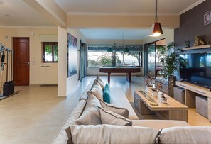 Smart TV, fireplace, video-game console, foosball