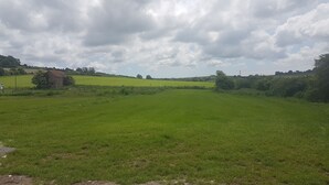 Ländliche Landschaft mit einer Wiese, einem Backsteinhaus und sanften Hügeln im Hintergrund.
