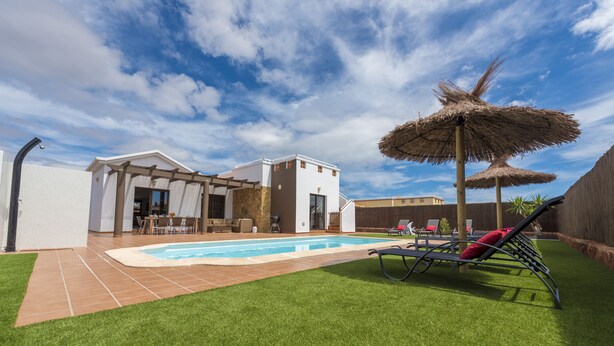 Un jardin avec une piscine, un patio couvert et une pelouse agrémentée de chaises longues.