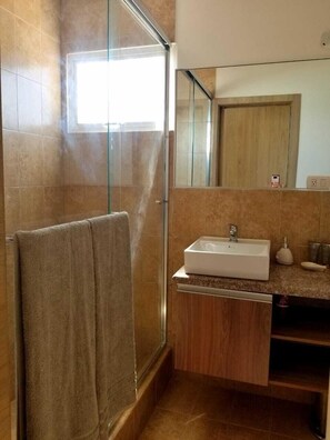 Shower, towels, soap, toilet paper