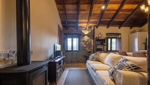 Un salon chaleureux avec une cheminée, un canapé et un mur en pierre.