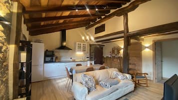 TV, fireplace, books, stereo