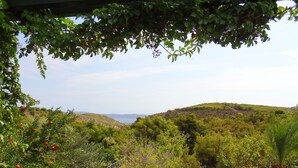 A garden with a stone pathway, a metal railing, and a view of a hilly landscape with a body of water in the distance.