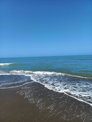 A beach with waves gently lapping onto dark sand, under a clear blue sky.