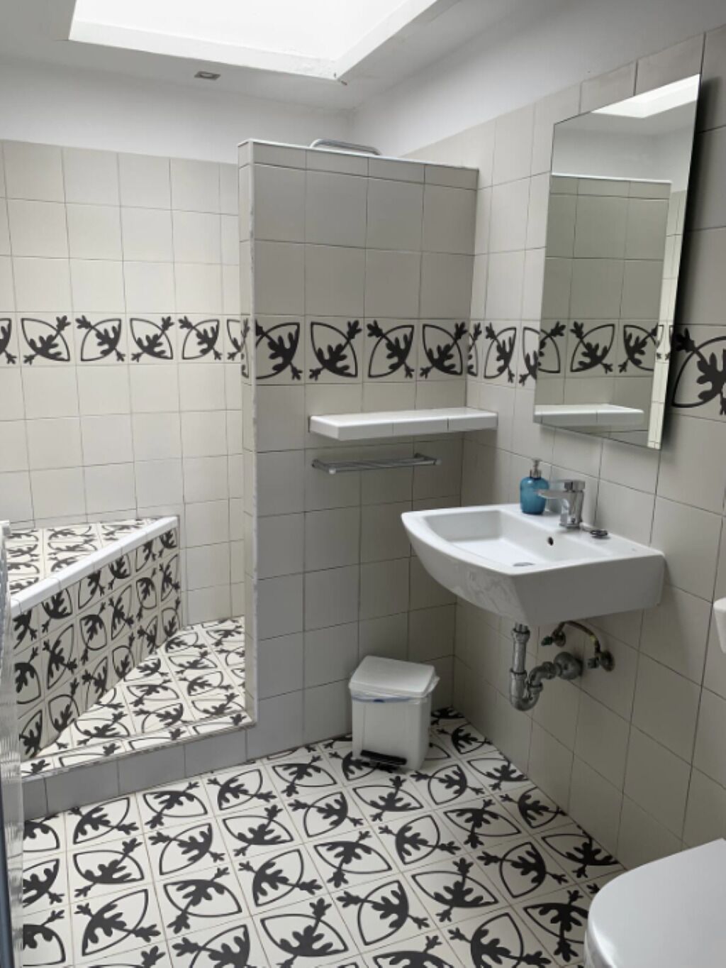 Une salle de bain équipée d’une douche, d’un lavabo, de toilettes et d’un miroir.