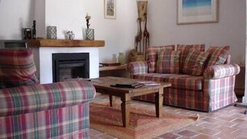 Een smart-tv, een open haard, een dvd-speler en boeken