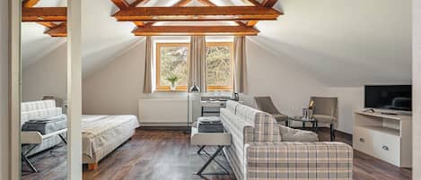 A cozy attic bedroom with a loft bed, a sofa, a TV, and a dining area.