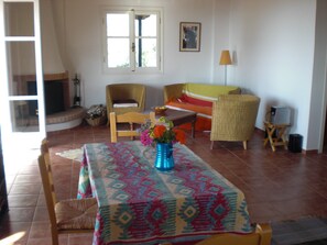 Televisio, DVD-soitin, kirjoja, stereot