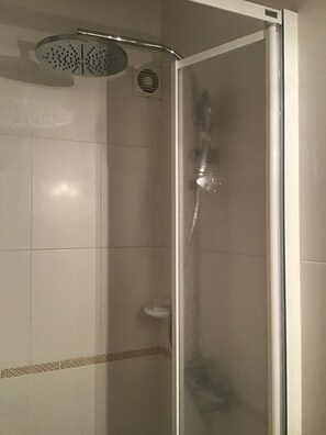 Regadera, secadora de cabello, toallas, papel de baño 