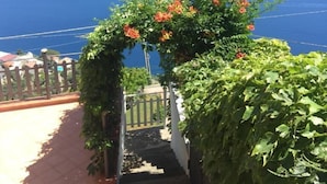 Un escalier étroit offrant une vue sur la mer, entouré de verdure et bordé d’une clôture blanche.