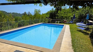 Ein rechteckiger Pool mit Fliesenrand, umgeben von einem Metallzaun und einer Rasenfläche mit blauen Liegestühlen und Sonnenschirmen.
