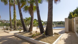 A rooftop terrace with palm trees, a swimming pool, and a view of the surrounding area. - Promana -Villa Ricarda with private pool 850m to the sea between Moraira & Calpe (Benissa)