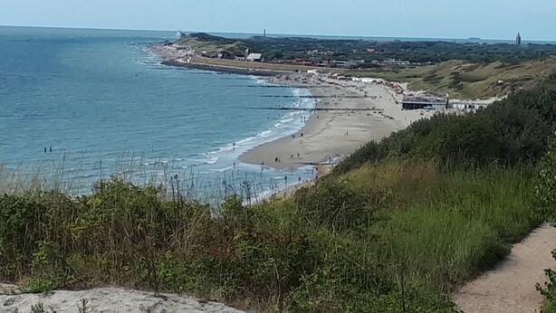 Paisagem costeira com praia, um caminho e edifícios ao longe.