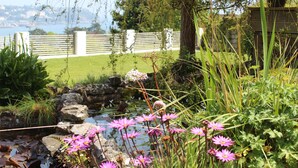 A garden with a pond, pink flowers, and a view of a distant cityscape. - Luxury Apartment - Sleeps 4 -  Spectacular Views with Private Pool and Hot Tub   (Torquay)