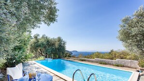 A swimming pool with clear blue water, surrounded by greenery and a view of the sea.