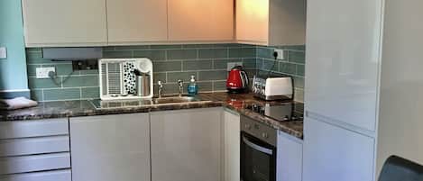 Frigorífico, microondas, horno y placa de cocina