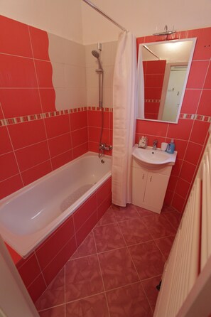 Combined shower/tub, hair dryer, towels, soap