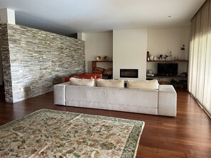 Een televisie, een open haard, videogames en een dvd-speler