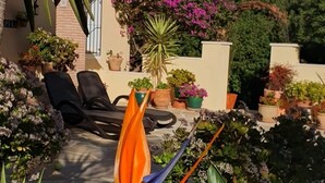 Un jardin où l’on peut admirer une grande variété de plantes, notamment une magnifique fleur de paradis, un palmier, et qui offre une vue sur une montagne en arrière-plan.