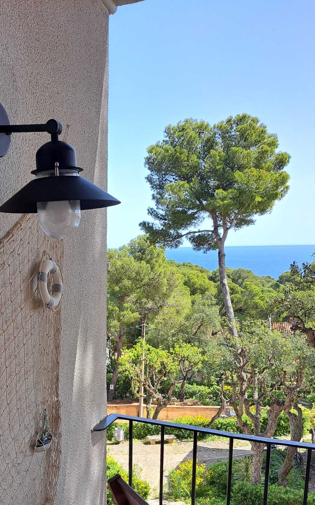 A balcony with a black outdoor light fixture, a lifebuoy, and a view of a tree and the sea.