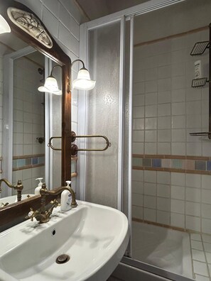 Shower, hair dryer, bidet, towels