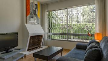 Una Smart TV, una chimenea, un reproductor de DVD