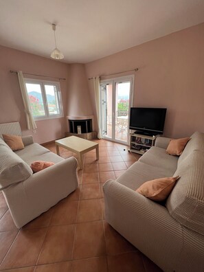 Smart TV, lareira, DVD player, livros