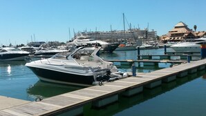 Una marina con varios barcos amarrados a muelles de madera.