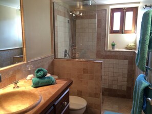 Shower, hair dryer, towels