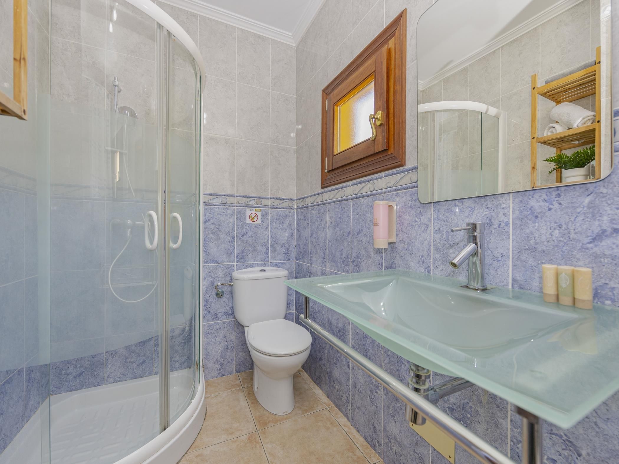 A bathroom with a glass shower enclosure, a white toilet, a glass sink, and a mirror above the sink.