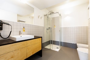 Shower, hair dryer, towels