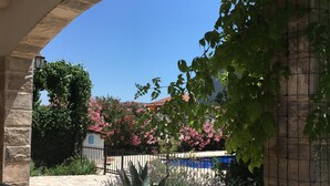 A covered patio area with stone flooring, a metal fence, and various plants. - LUXURY VILLA WITH PRIVATE POOL ON BEAUTIFUL AND ACCESSIBLE LUSTICA PENINSULA (Ðuraševici)
