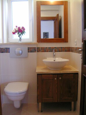 A bathroom with a white toilet, a wooden cabinet with a sink, and a mirror above the sink.