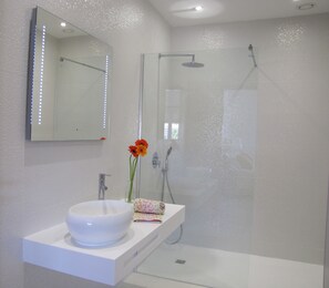 Douche, sèche-cheveux, serviettes fournies